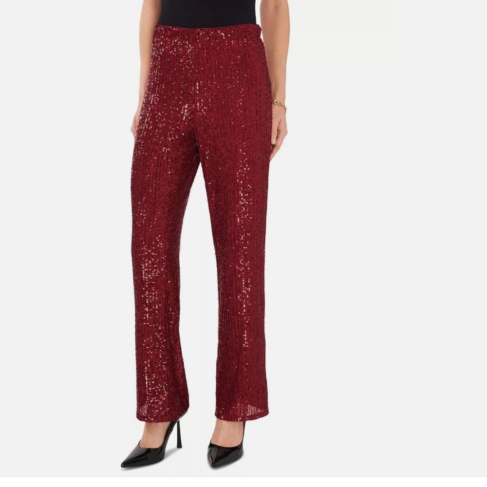 NWT VINCE CAMUTO Women's Pull-On Sequined Flared Pants Dark wine